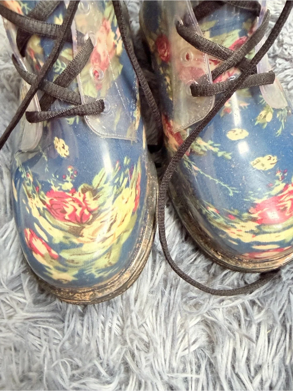 Navy Floral Lace-Up Rain Boots for Big Girls size 6 moody romantic grunge chic